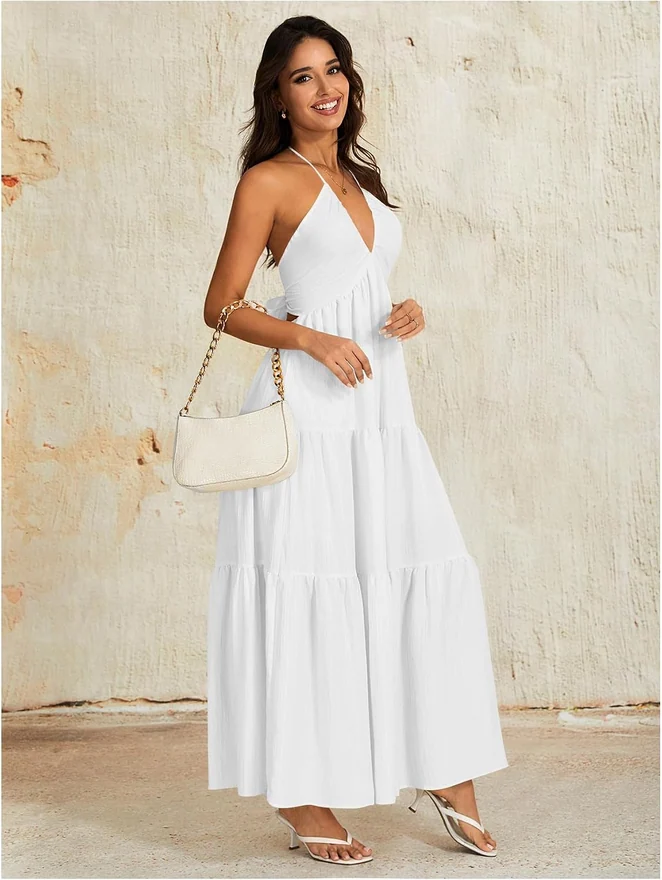 Summer Beach Halter Sundress Formal Wedding Guest Dress by OYOANGLE, photograph 2 of 3