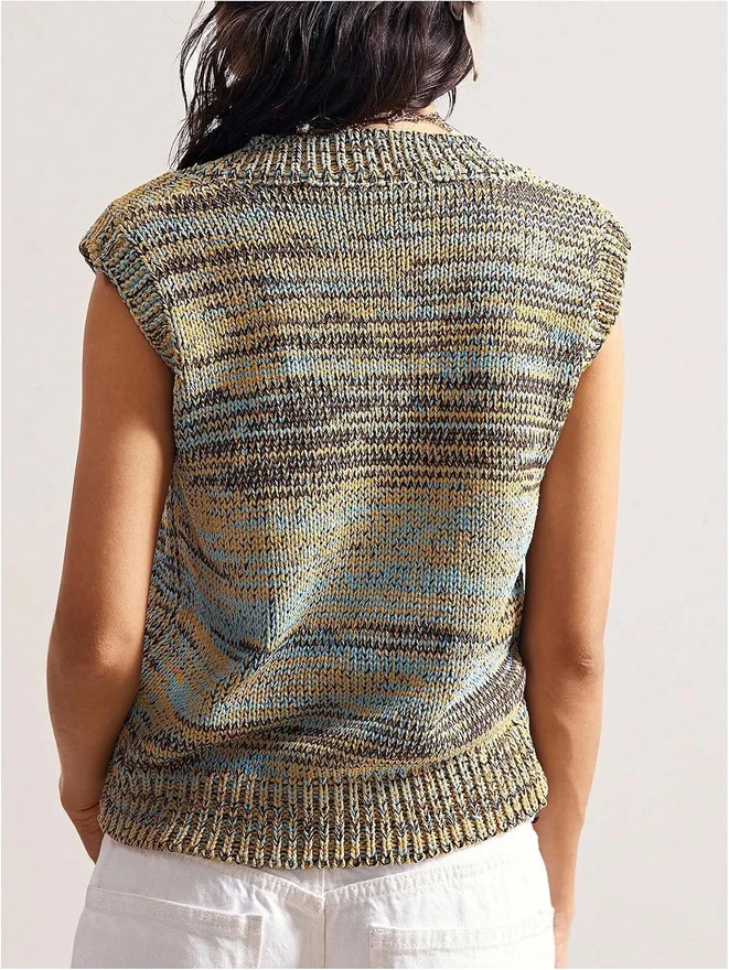 Vintage Striped Sweater Vest V Neck Sleeveless Knit Tops by OYOANGLE, photograph 3 of 4