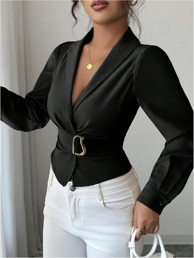 Elegant Long Sleeve Blouse Wrap Buckle Belted Dress Shirt by OYOANGLE