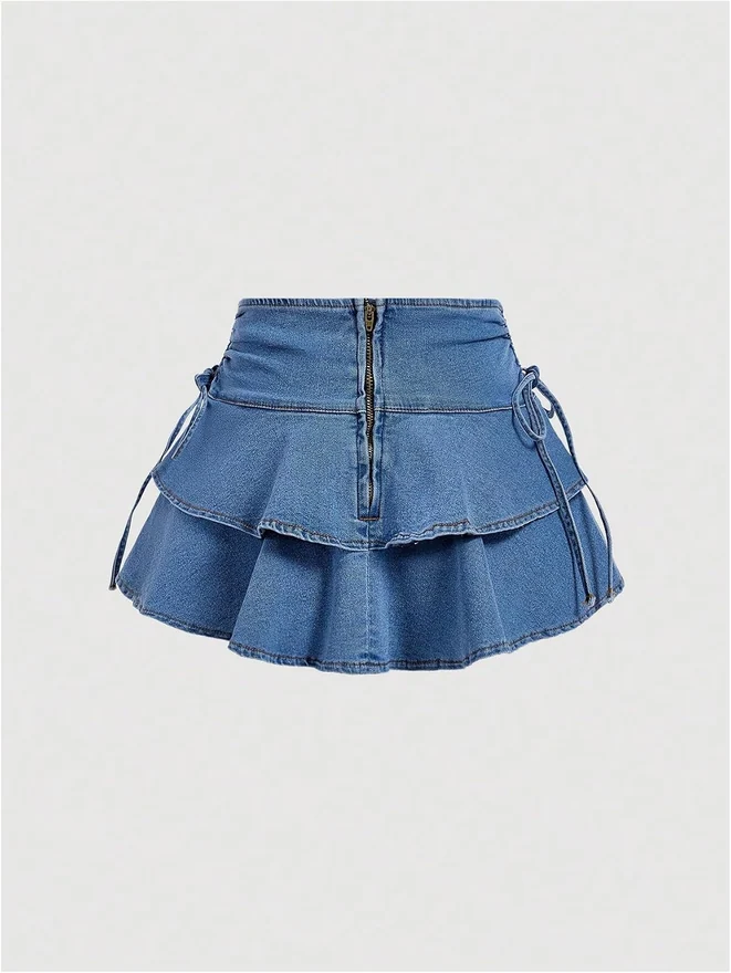 Denim Skirts Low Rise Drawstring Side Ruched Layered Ruffle A by OYOANGLE, photograph 2 of 4