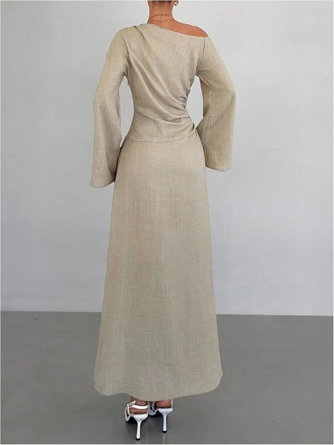 Off the Shoulder Ruched A Line Maxi Dress Apricot by OYOANGLE, photograph 2 of 3