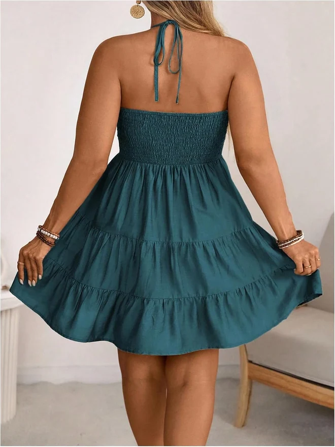 Plus Size Sleeveless Ruched Short Sundress A Line Dress by OYOANGLE, photograph 2 of 4