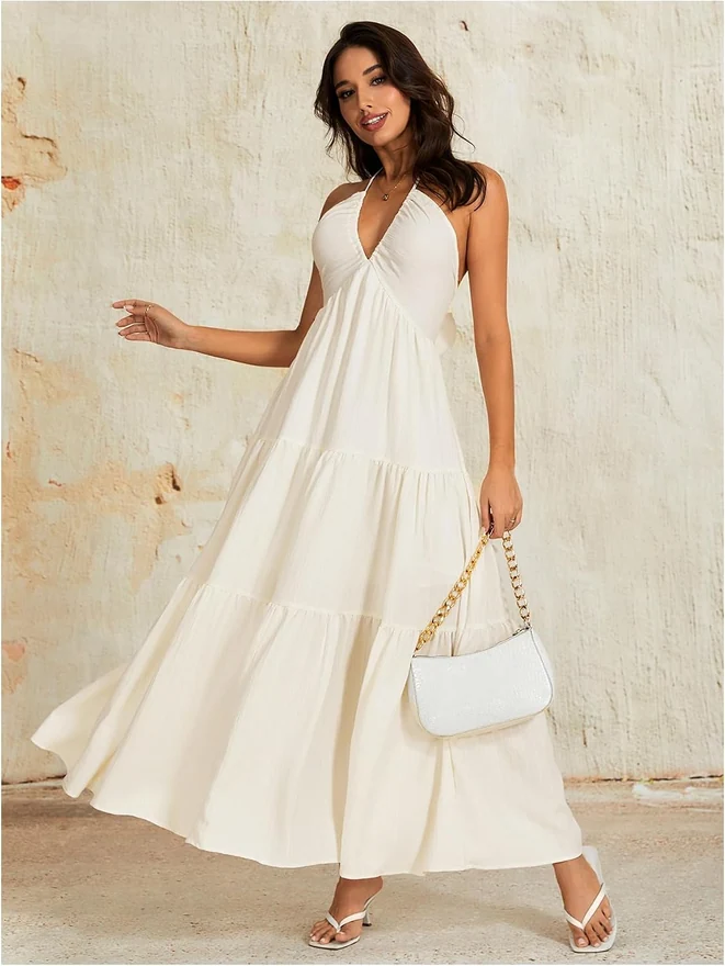 Summer Beach Halter Sundress Formal Wedding Guest Dress by OYOANGLE, photograph 2 of 3