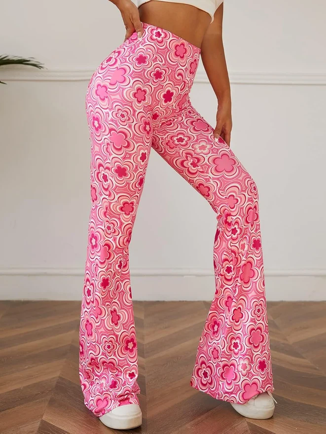Floral Print High Waist Yoga Pants Wide Leg Pants Pink by OYOANGLE