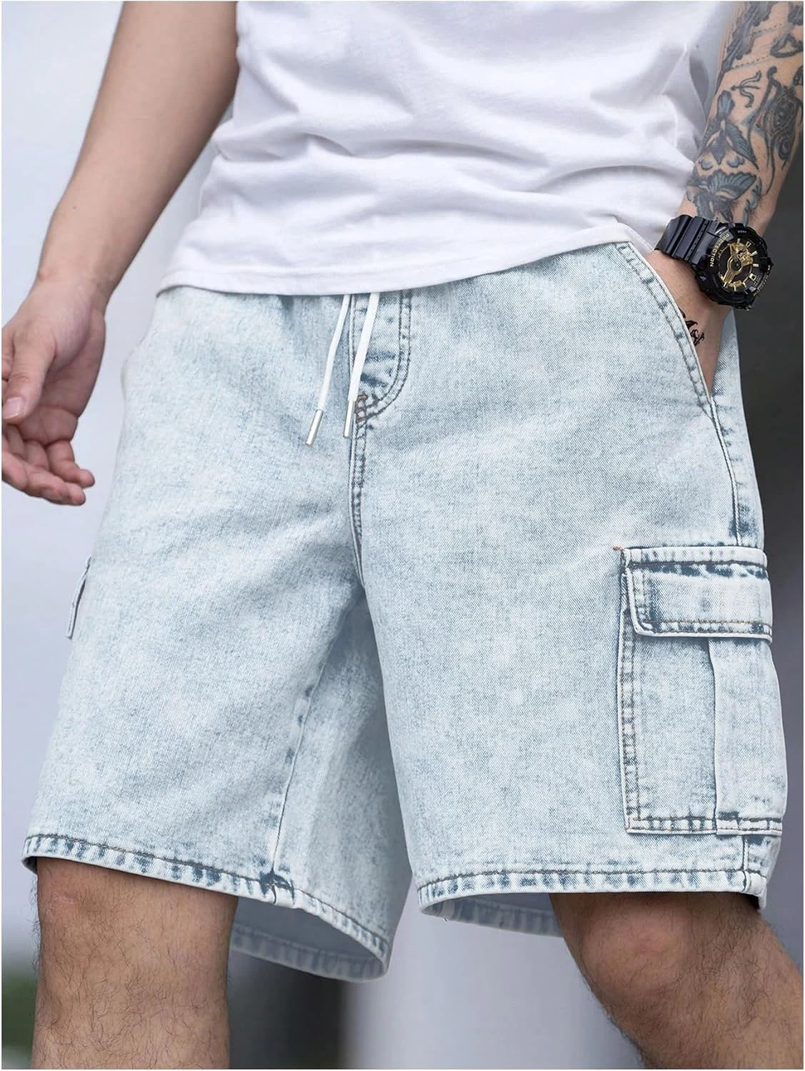 Drawstring Waist Cargo Jean Denim Shorts with Flap Pockets by OYOANGLE, photograph 1 of 4
