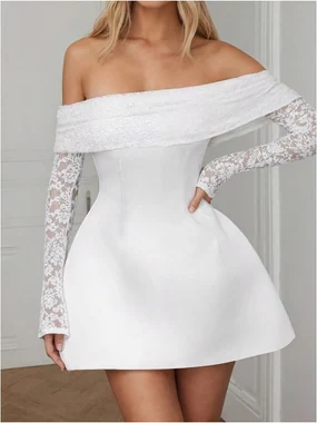 Floral Lace Off The Shoulder Dress Cocktail Mini Dresses White in White
