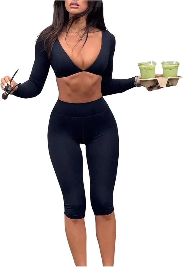 2 Piece Outfits Long Sleeve Deep V Neck Crop Top and High by OYOANGLE