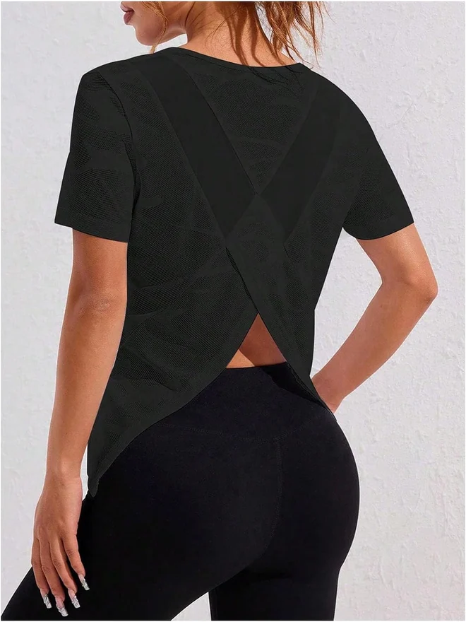 2 Pack Workout T Shirts Split Back Short Sleeve Athletic Tee Gym by OYOANGLE, photograph 4 of 4