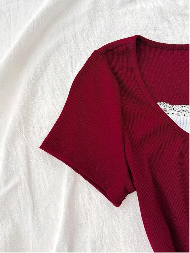 Girl's Cute Lace Trim Short Sleeve 2 in 1 Shirts Tie Front by OYOANGLE, photograph 4 of 4