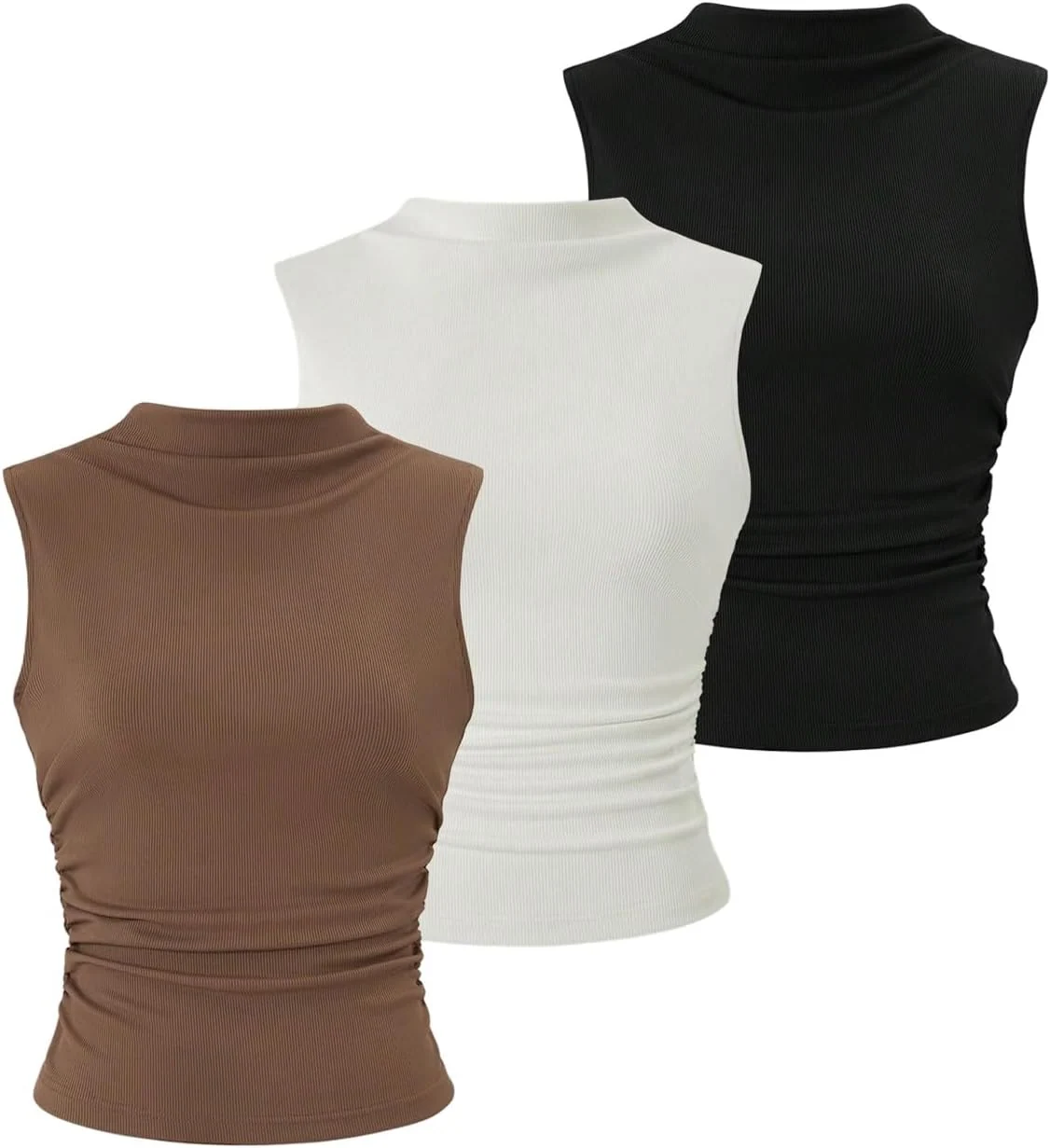 3 Pack Ribbed Tank Top Mock Neck Side Ruched Crop Tops by OYOANGLE, photograph 1 of 4