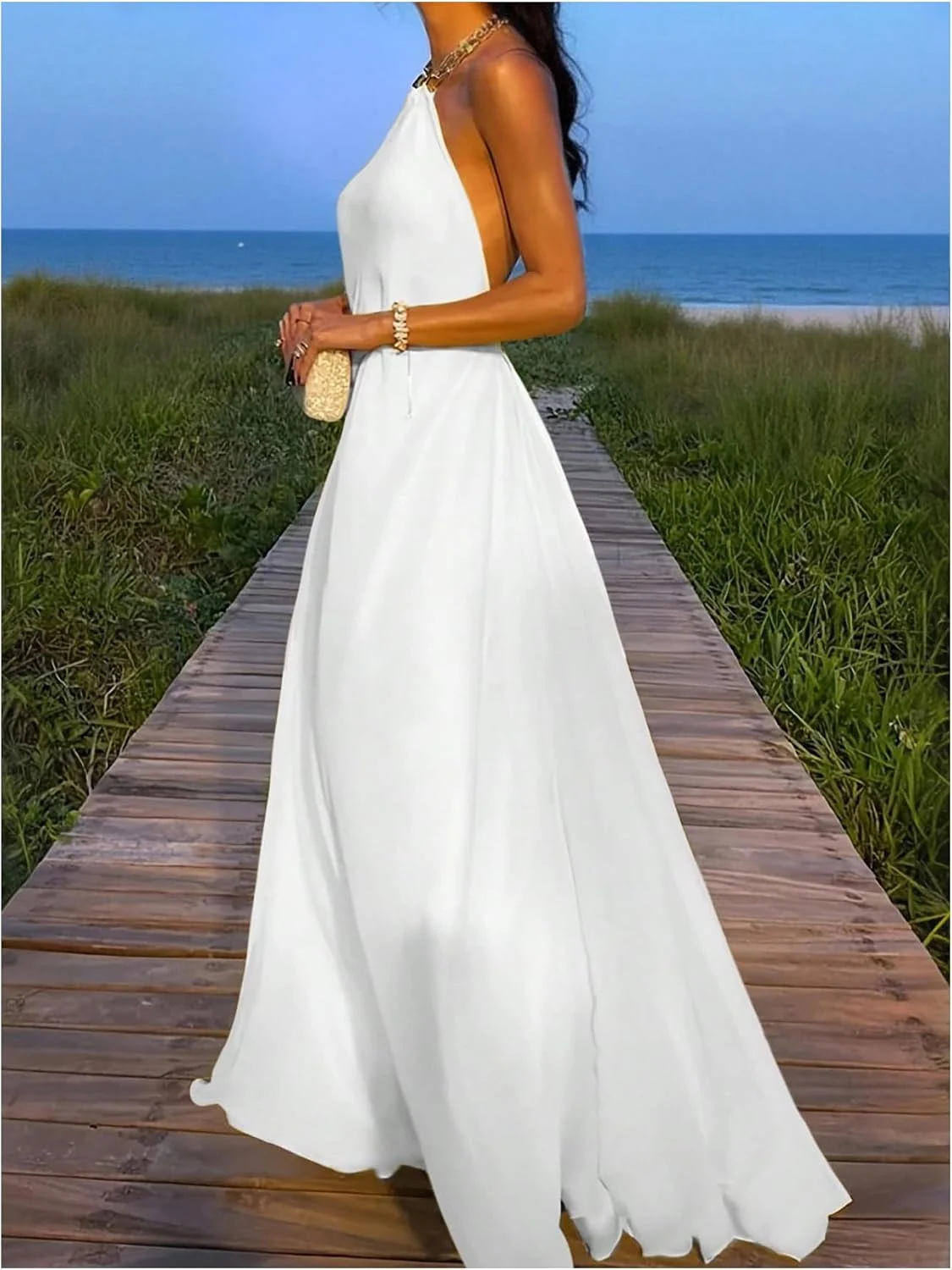 Sleeveless Chain Halter Backless Elegant Flared Maxi Dress by OYOANGLE, photograph 1 of 3