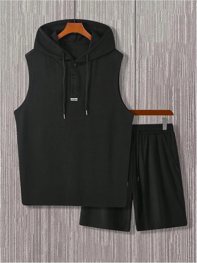 Sleeveless Workout Hoodie and Shorts Set 2 Piece Outfits by OYOANGLE