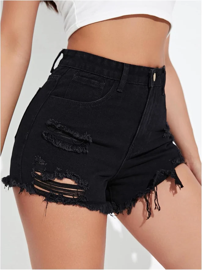 Y2K Ripped Skinny Mini Shorts Zipper Fly Denim Shorts Rave Party by OYOANGLE, photograph 2 of 4