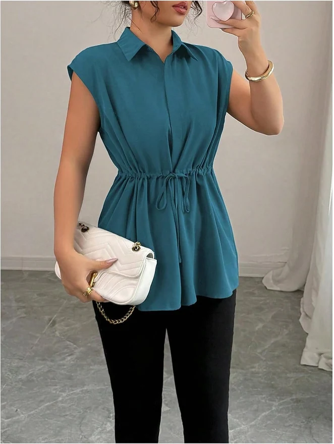 Button Down Shirt Short Sleeve Peplum Business Blouse by OYOANGLE, photograph 3 of 4