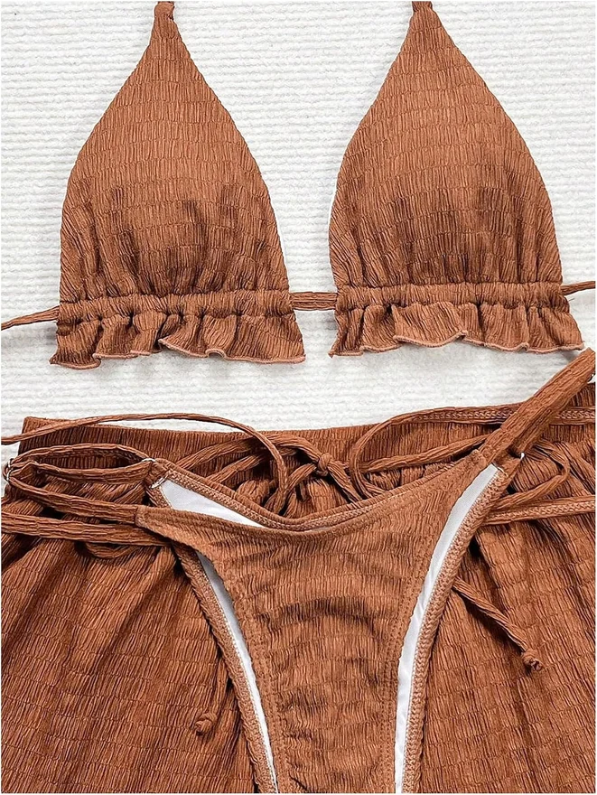 3 Piece Textured Bikini Set Ruffle Triangle Thong Swimsuit by OYOANGLE, photograph 4 of 4