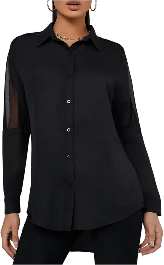 Mesh Insert Button Up Shirt Curve Hem Dressy Blouse Black by OYOANGLE