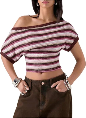 Off The Shoulder Tops Striped Cinched Waist Going Out Top in Pink