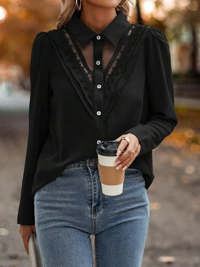 Lace Sheer Button Down Puff Blouse Black by OYOANGLE, photograph 3 of 3