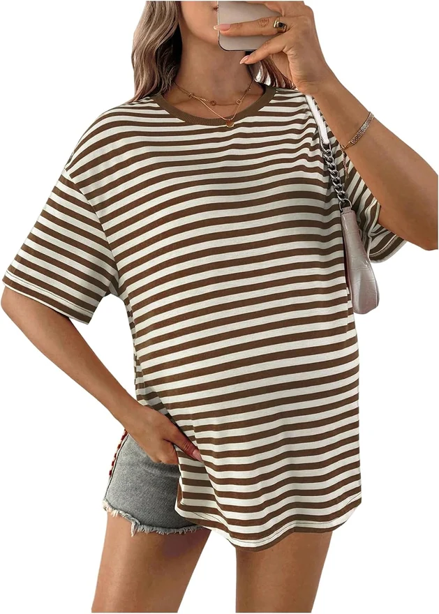 Striped Short Sleeve Maternity T Shirts Crewneck Split Hem by OYOANGLE