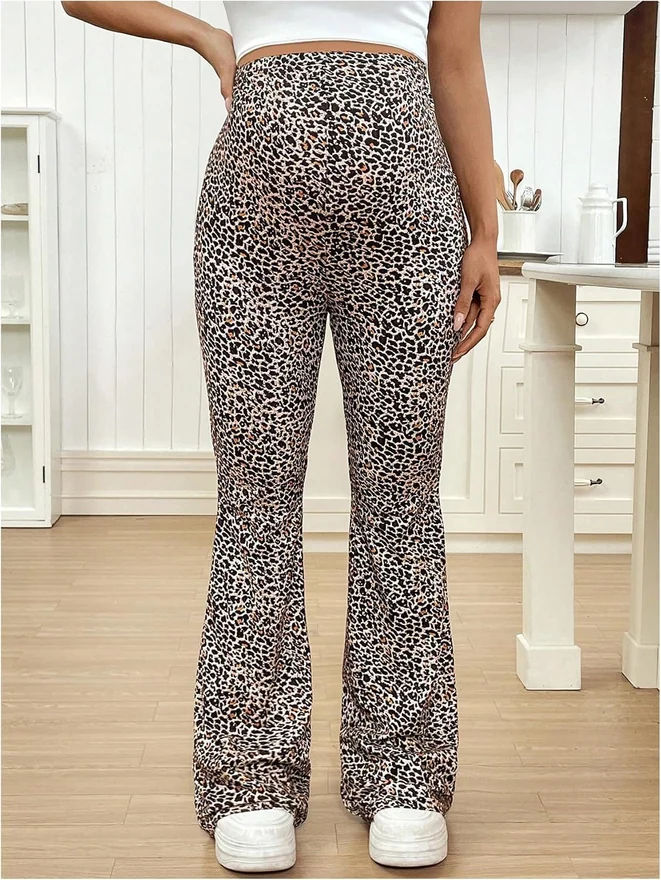 Maternity Leopard Print Flare Pants Over the Belly High Waisted by OYOANGLE, photograph 2 of 3