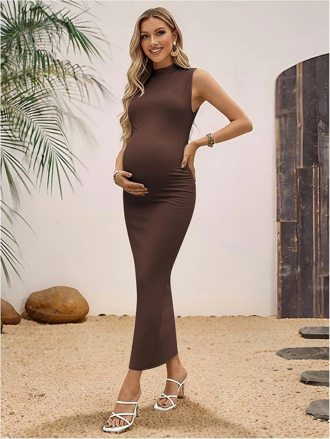 Maternity Mock Neck Sleeveless Ruched Bodycon Maxi Dress by OYOANGLE, photograph 2 of 3