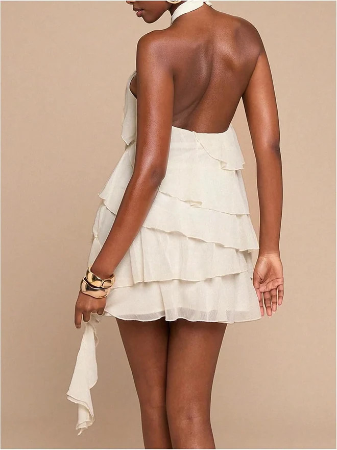 Floral Printed Halter Mini Dress Open Back White by OYOANGLE