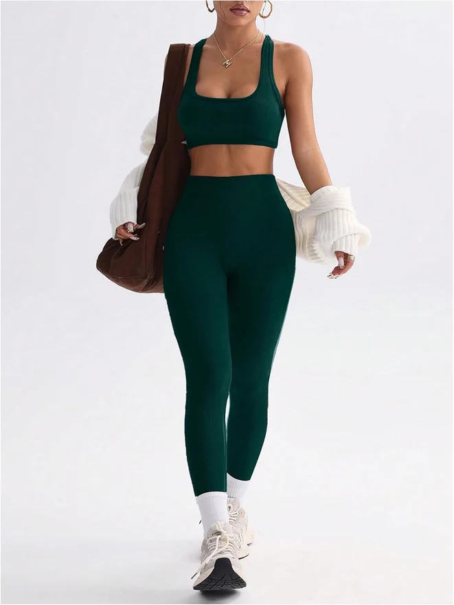 Workout Sets 2 Piece Cross Back Sports Bra Tank Top Gym Outfits by OYOANGLE, photograph 2 of 3