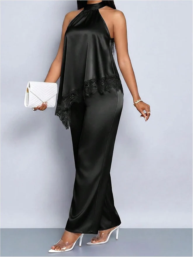 2 Piece Satin Asymmetrical Lace Trim Halter Top Pants Set by OYOANGLE, photograph 2 of 3