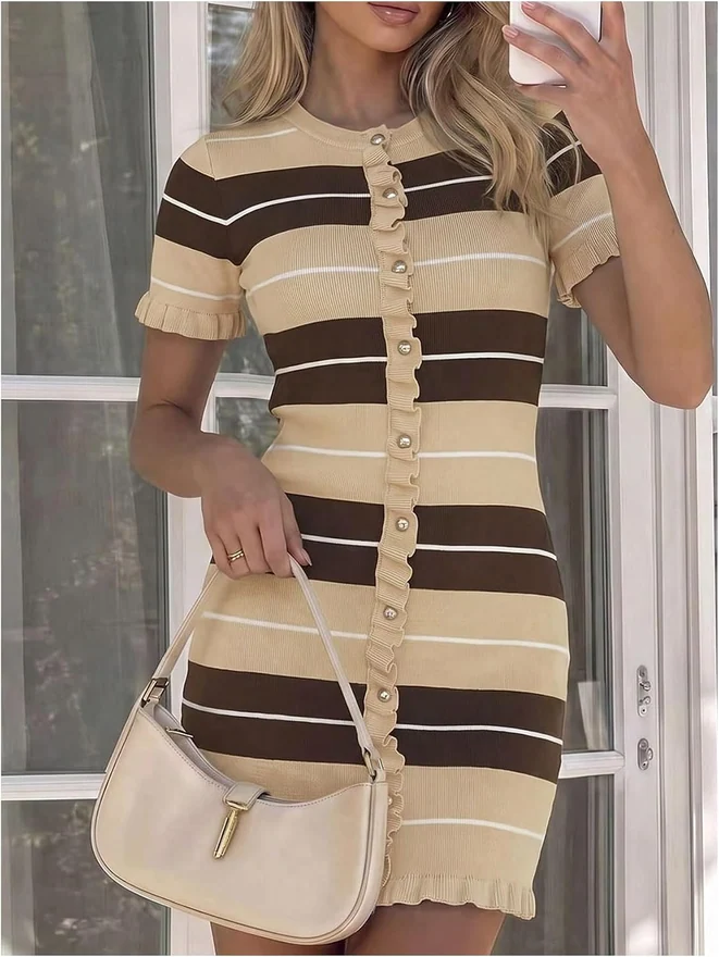 Striped Short Sleeve Sweater Dress Bodycon Fall Mini Dress by OYOANGLE, photograph 2 of 4