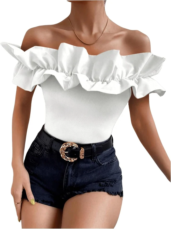 Ruffle Trim Off Shoulder Short Sleeve Blouse Tops Shirt by OYOANGLE, photograph 4 of 4