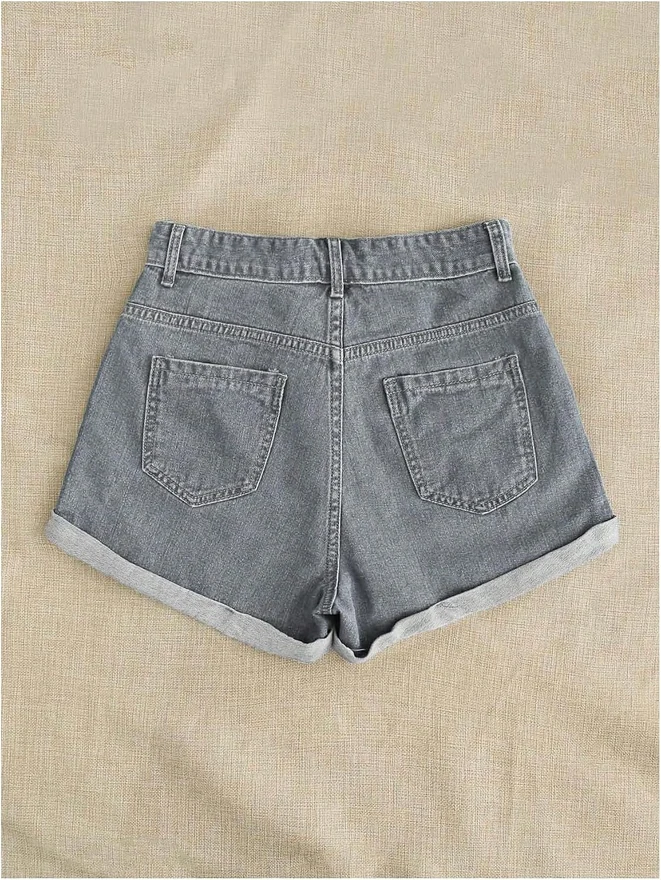 Floral Denim Shorts Wide Leg Embroidered Jean Shorts by OYOANGLE, photograph 4 of 4