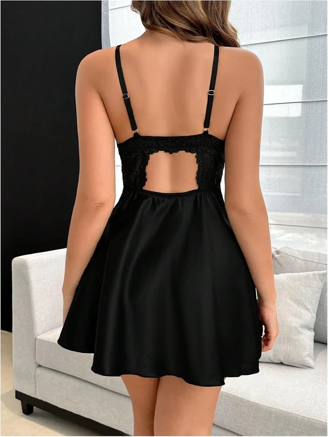 Floral Lace Satin Slip Dress Corset Mini Nightgowns Black by OYOANGLE, photograph 2 of 4