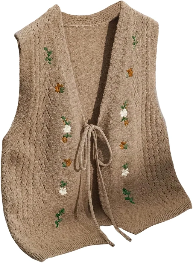 Floral Embroidered Tie Front Sweater Vest Khaki by OYOANGLE