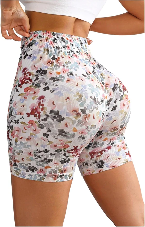 Floral High Waisted Workout Shorts Tummy Control Running Yoga by OYOANGLE