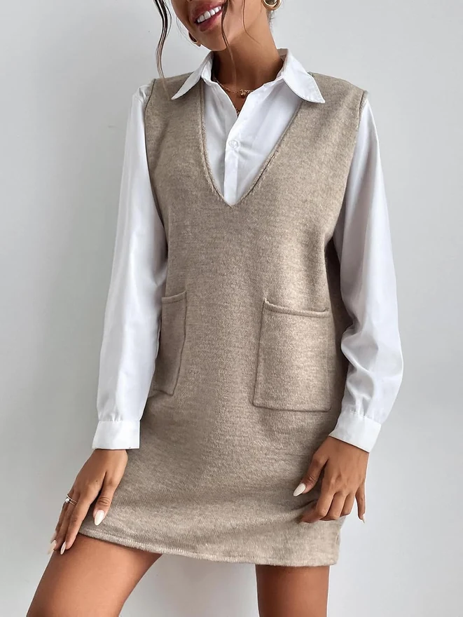 V Neck Sweater Vest Dress Sleeveless Fall Overall Dress by OYOANGLE, photograph 3 of 3