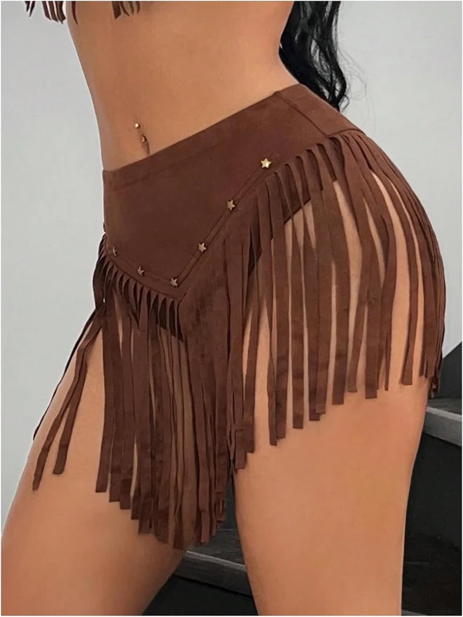 Suede Fringe Western Cowgirl Mini Skirt Brown by OYOANGLE, photograph 4 of 4