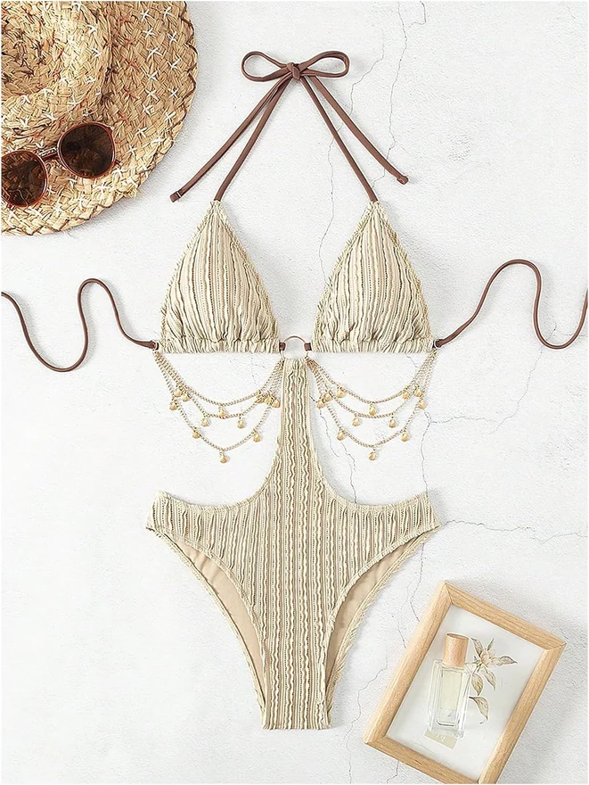 Cut Out One Piece Swimsuits Sexy Halter Neck Bathing Suit by OYOANGLE, photograph 4 of 4