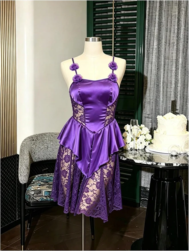 3D Floral Satin Lace Nightgowns Ruffle Silk Slip Dress by OYOANGLE, photograph 3 of 3