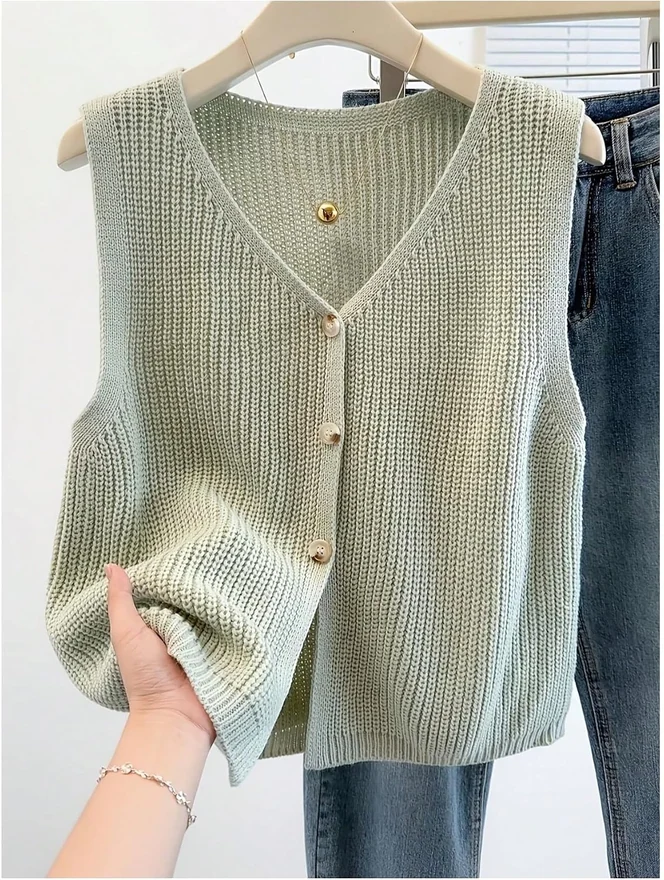Button Down Sweater Vest Sleeveless V Neck Knit Tank Tops by OYOANGLE, photograph 2 of 4