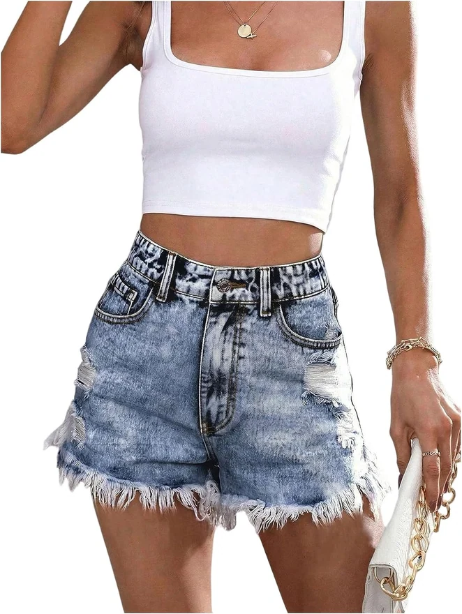 Y2k Ripped Denim Shorts High Waist Frayed Hem Jean Shorts by OYOANGLE