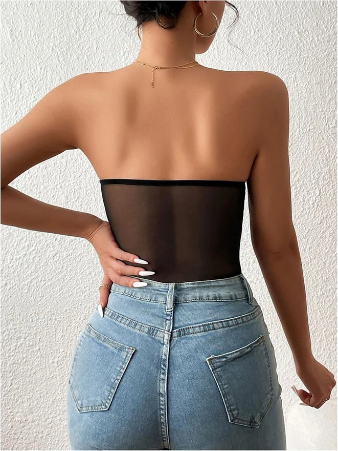 Mesh Strapless Corset Bodysuit Party Club Sheer Tube Tops by OYOANGLE, photograph 2 of 4