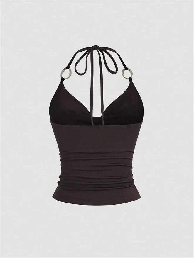 Cowl Neck Ruched Sleeveless Halter Top Coffee Brown by OYOANGLE, photograph 2 of 3