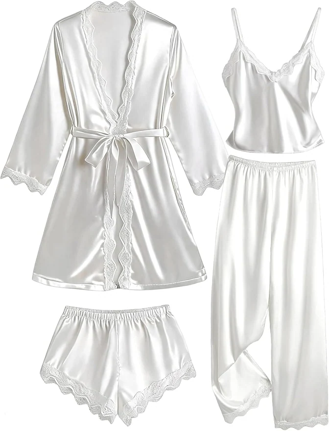 4 Piece Silky Satin Pajama Set Bridal Cute Pjs Lounge Set by OYOANGLE, photograph 3 of 4