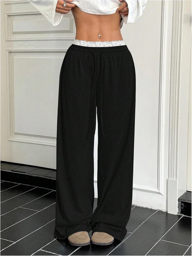 Lace Trim Wide Leg Sweatpants Drawstring Elastic Waist Loose by OYOANGLE, photograph 3 of 3