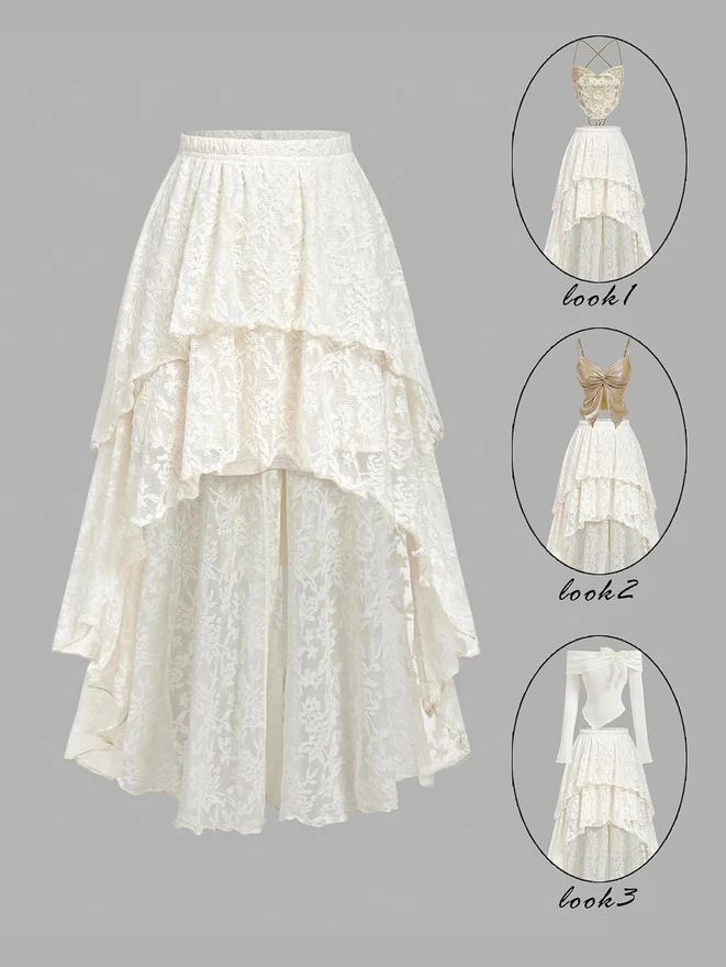 Maxi Skirt Summer Y2K Lace Ruffle Asymmetrical Rave Outfit by OYOANGLE, photograph 2 of 3