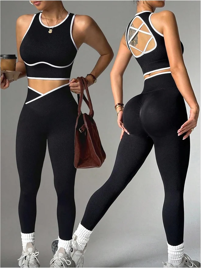 Workout Sets for Women 2 Piece Crop Top and Leggings Gym Outfits by OYOANGLE, photograph 2 of 3