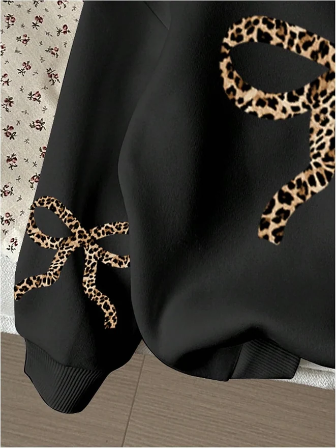 Girl's Bow Leopard Print Oversized Hoodie Long Sleeve Hooded by OYOANGLE, photograph 3 of 4