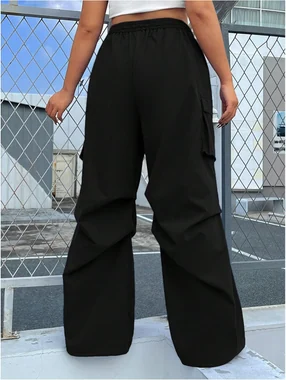 Plus Size Drawstring Waist Wide Leg Cargo Pants Black in Black
