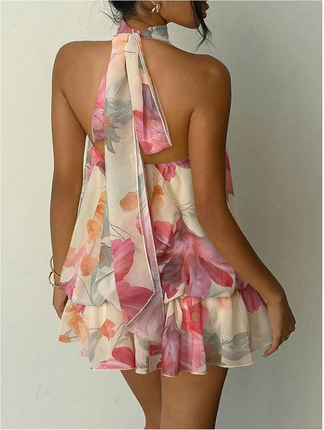 Floral Halter Dress Vacation Ruffle Mini Bubble Dress by OYOANGLE