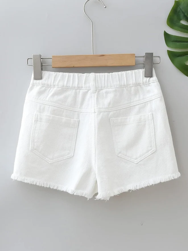 Girl's Mid Rise Ripped Raw Hem Straight Leg Jean Denim Shorts by OYOANGLE, photograph 3 of 4